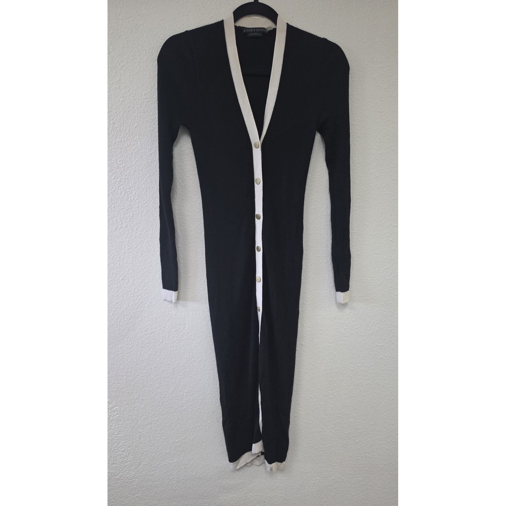 Alice + Olivia Cardigan XS Black White V-Neck Long Sleeve Wool Ribbed Knit